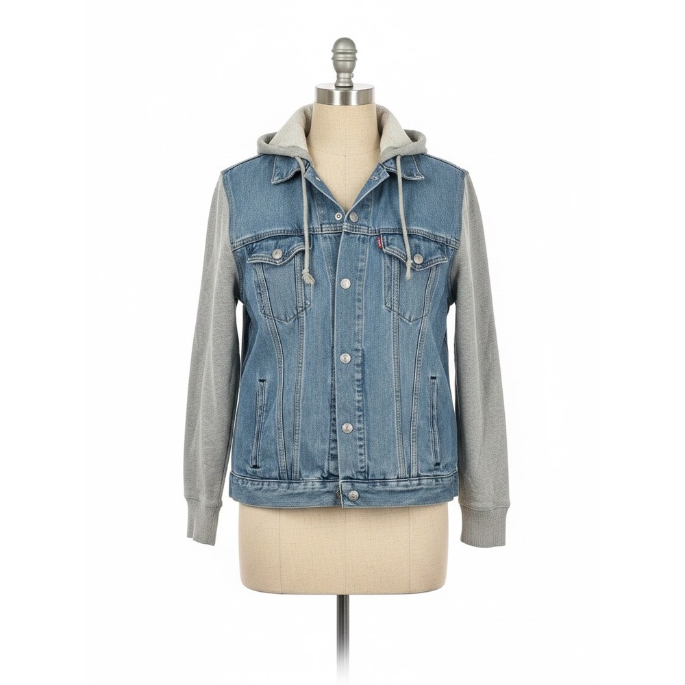 Levis Mens Relaxed Denim Trucker Jacket Gray Hoodie Sleeves Blue Size Large